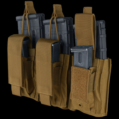 The Condor Triple Kangaroo Mag Pouch Gen II in MultiCam Black holds two rifle magazines and one pistol magazine, featuring Velcro and strap closures—ideal for military or law enforcement use.